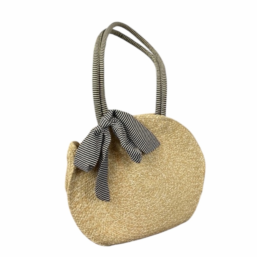 Fifth and Luxe Boho Tan Woven Circle Bag with Black & white Striped Handles/Bow